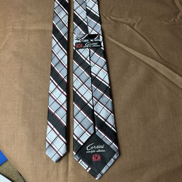 CORSINI Men's 7 Fold 100% Silk Tie Black Grey Burgundy Striped ~ Seven Fold Tie - Picture 6 of 11